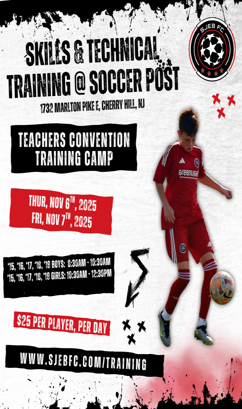 Soccer training camp flyer with player in red uniform and event details.