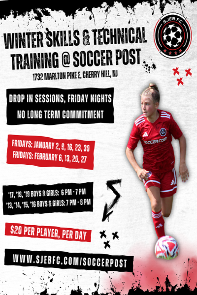 Soccer training flyer with a player in a red uniform on a white background