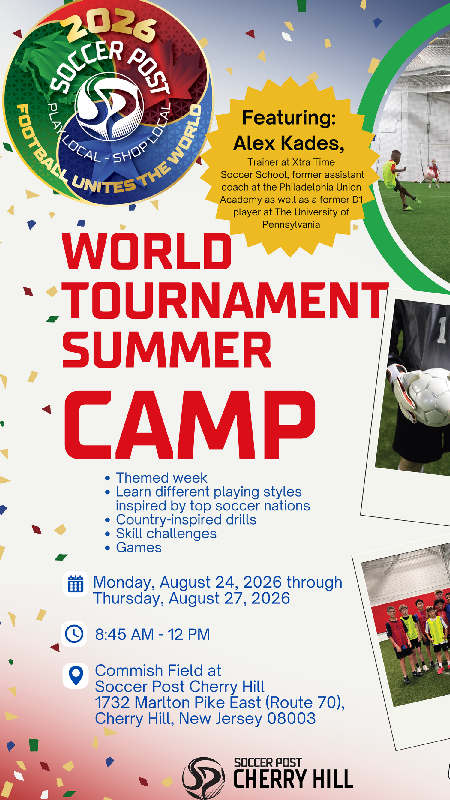 Promotional flyer for a World Tournament Summer Camp featuring soccer activities and locations.